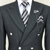 Black Striped Double Breasted Peaked Lapel Business Suit